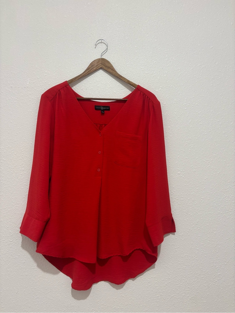 Fred David Red V-Neck Button Front Blouse